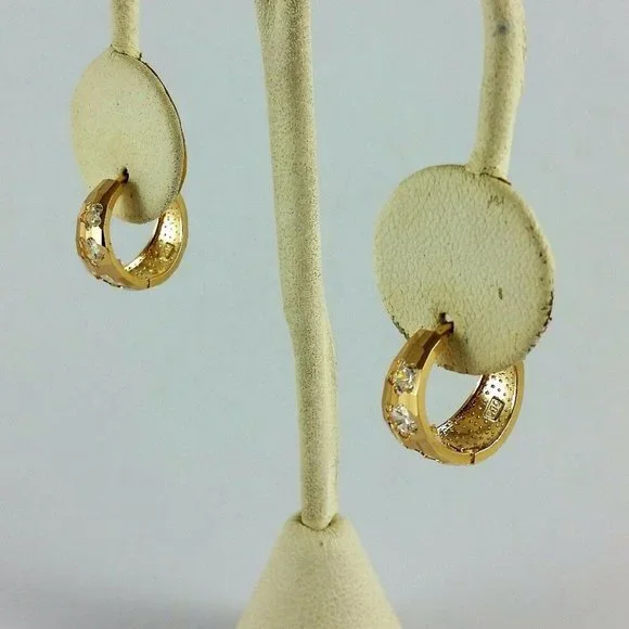 Elegant 14K Karat 585 Stamp Yellow Gold Small Hoop Earrings with CZ's - Nice!